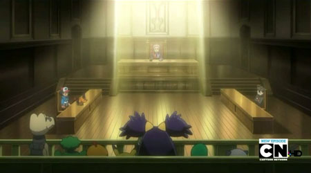 Ash and company in a courtroom.